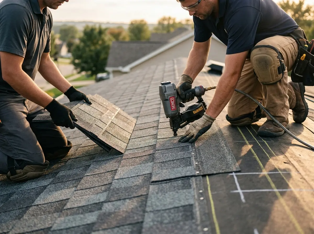 Professional roofer working on a residential roof in Dardenne Prairie
